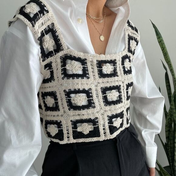 Crochet Knit Square Neck Cropped Sweater Vest in Neutral - Picture 5 of 8